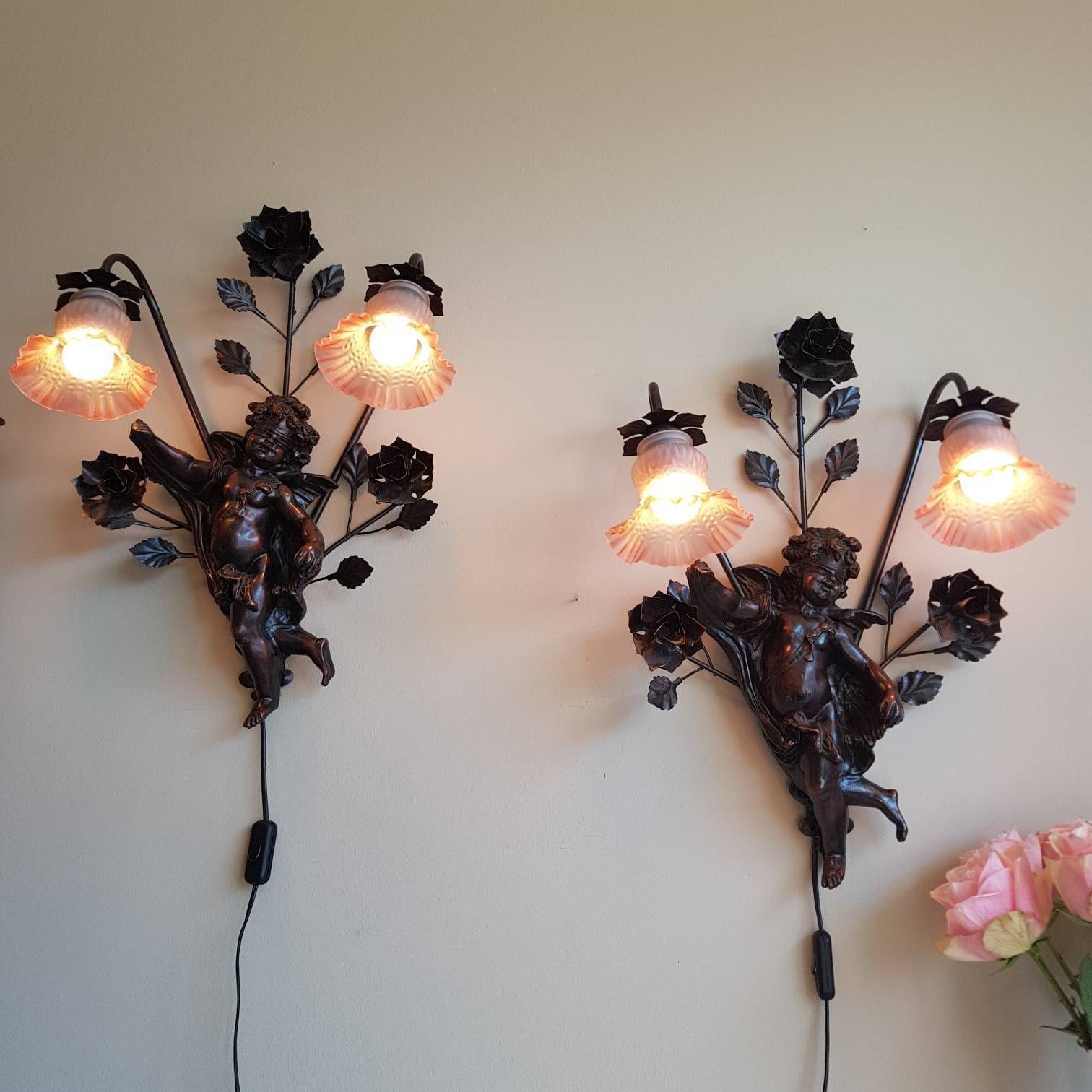 Wall Sconces With Cherubs, Angels Wall Lamps, Pink Lamp Shades Baroque Style