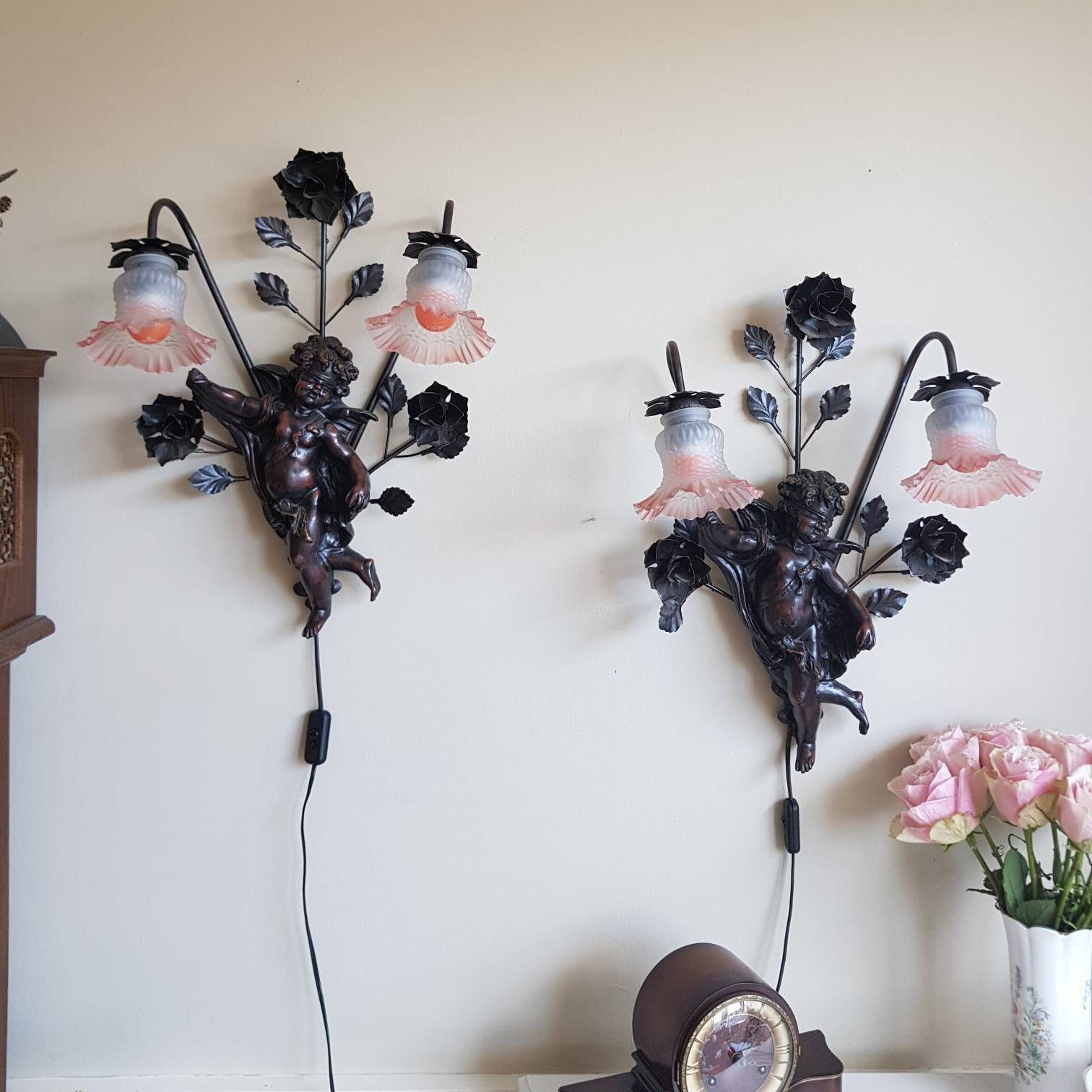 Wall Sconces With Cherubs, Angels Wall Lamps, Pink Lamp Shades Baroque Style photo Lighting