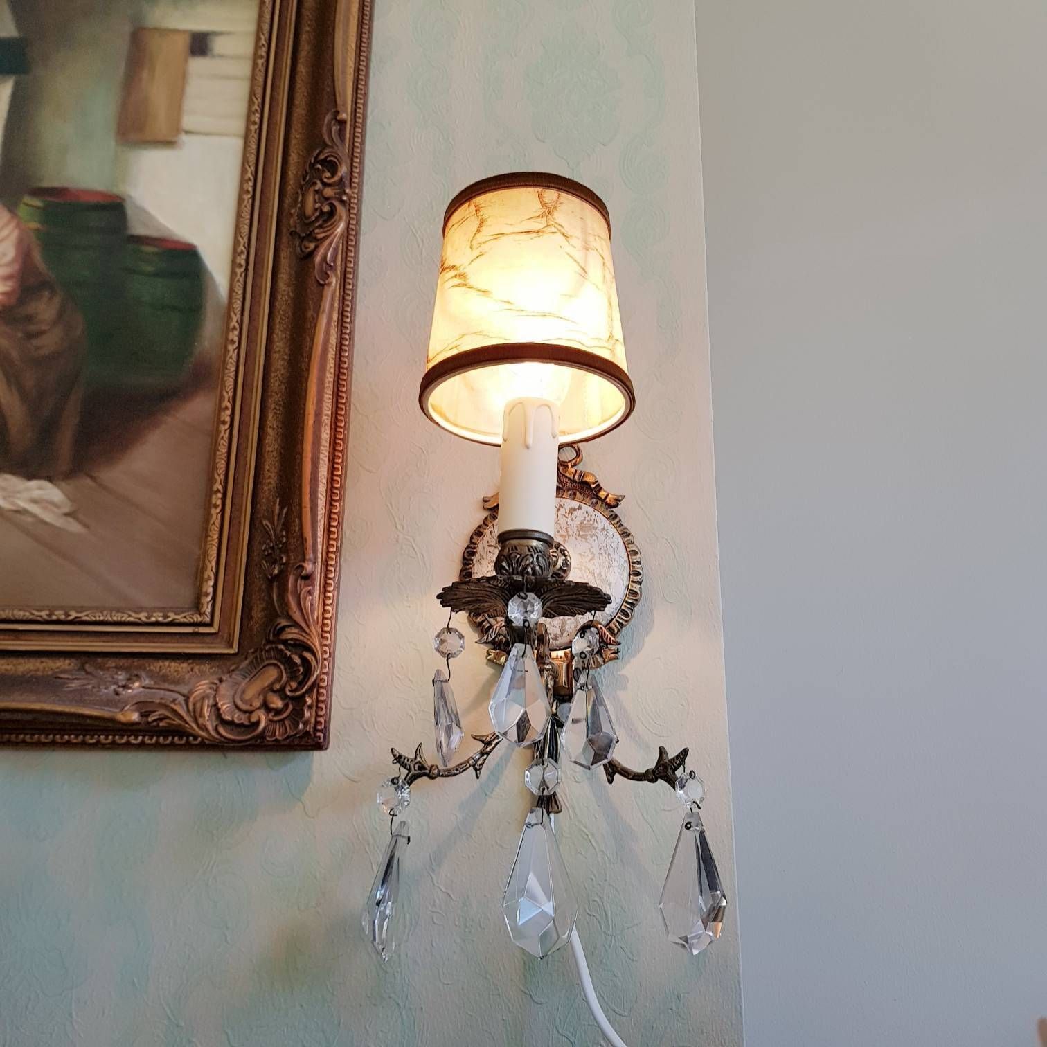 Vintage Pair Of Wall Sconces, Crystal Drops, Porcelain Medallion Lamps, Wall Light, Home Decor, Bronze Ribbons