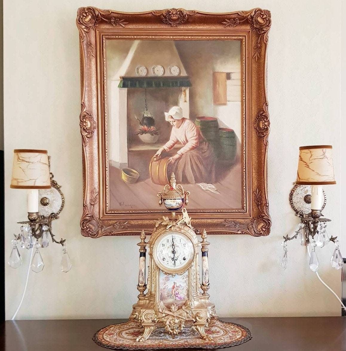 Vintage Pair Of Wall Sconces, Crystal Drops, Porcelain Medallion Lamps, Wall Light, Home Decor, Bronze Ribbons photo for sale