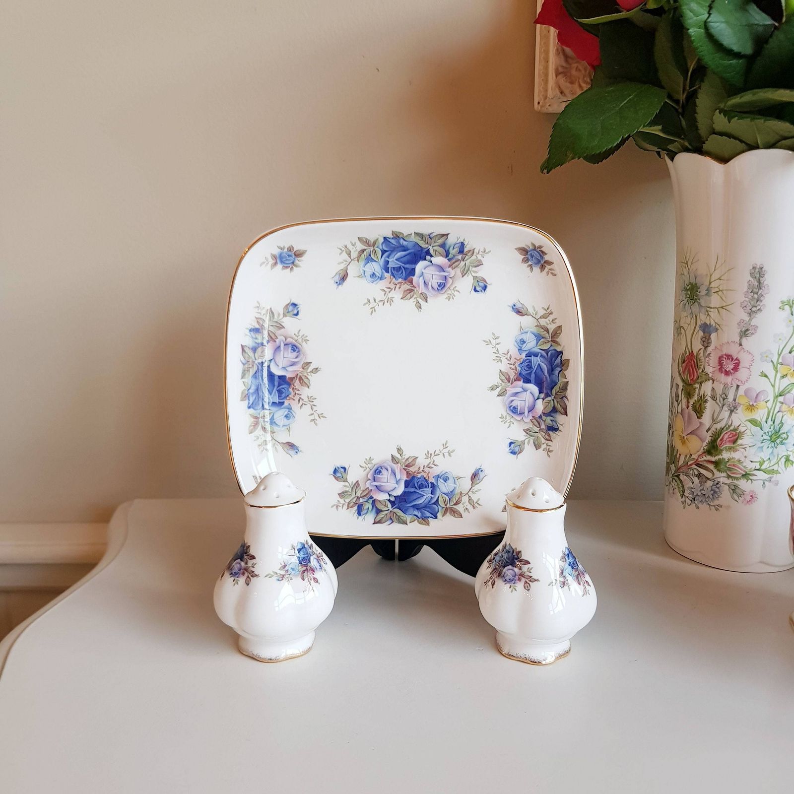 Royal Albert 'Moonlight Rose' Porseleinen Zout  En Peperstel Met Onderschotel, Engels Porselein, Vintage Serviesgoed photo buy
