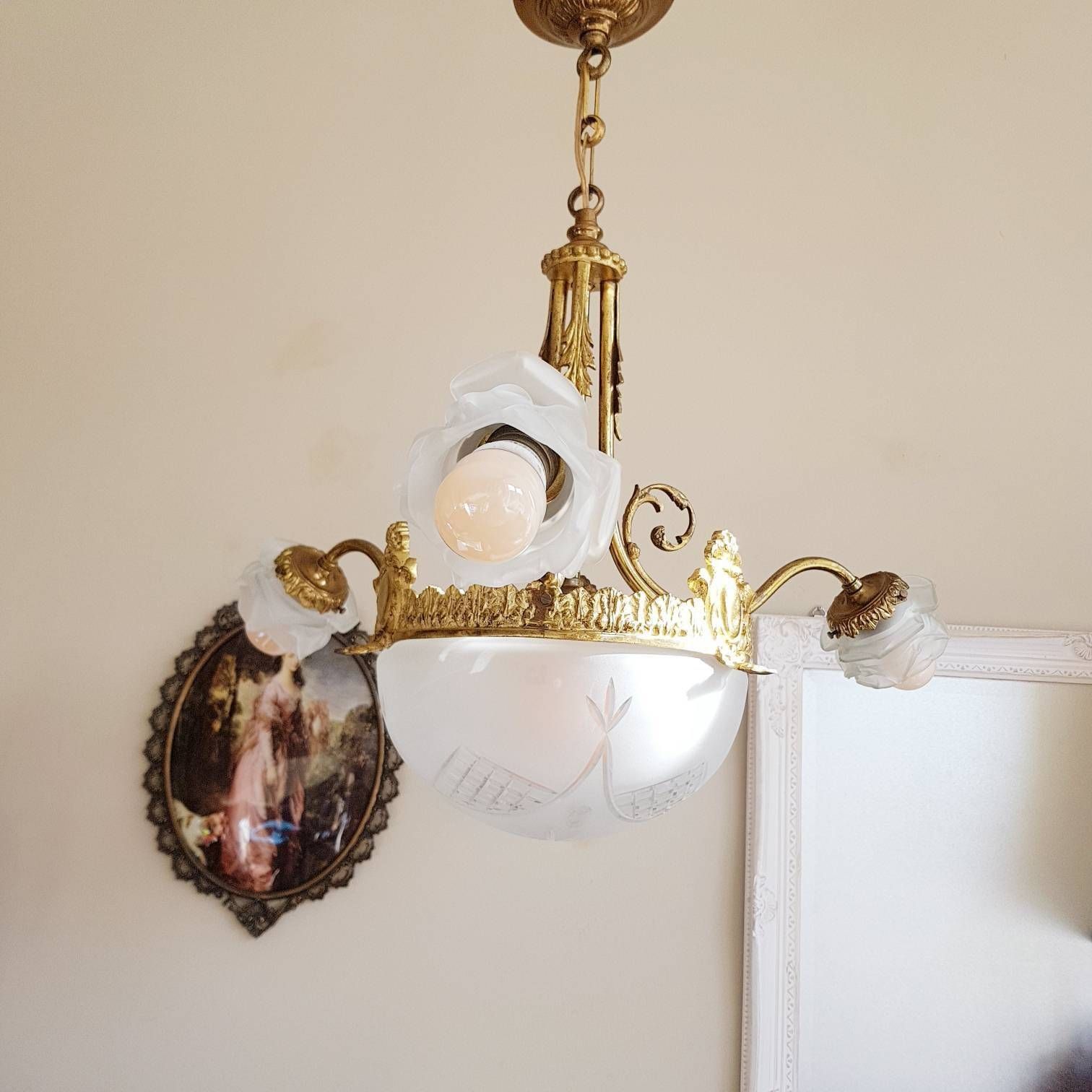 Antique French Chandelier, Stunning Pendant Lamp, 4 Bulbs Light, Vintage Pendant Light, Chandelier Lighting, Hanging Chandelier photo for sale