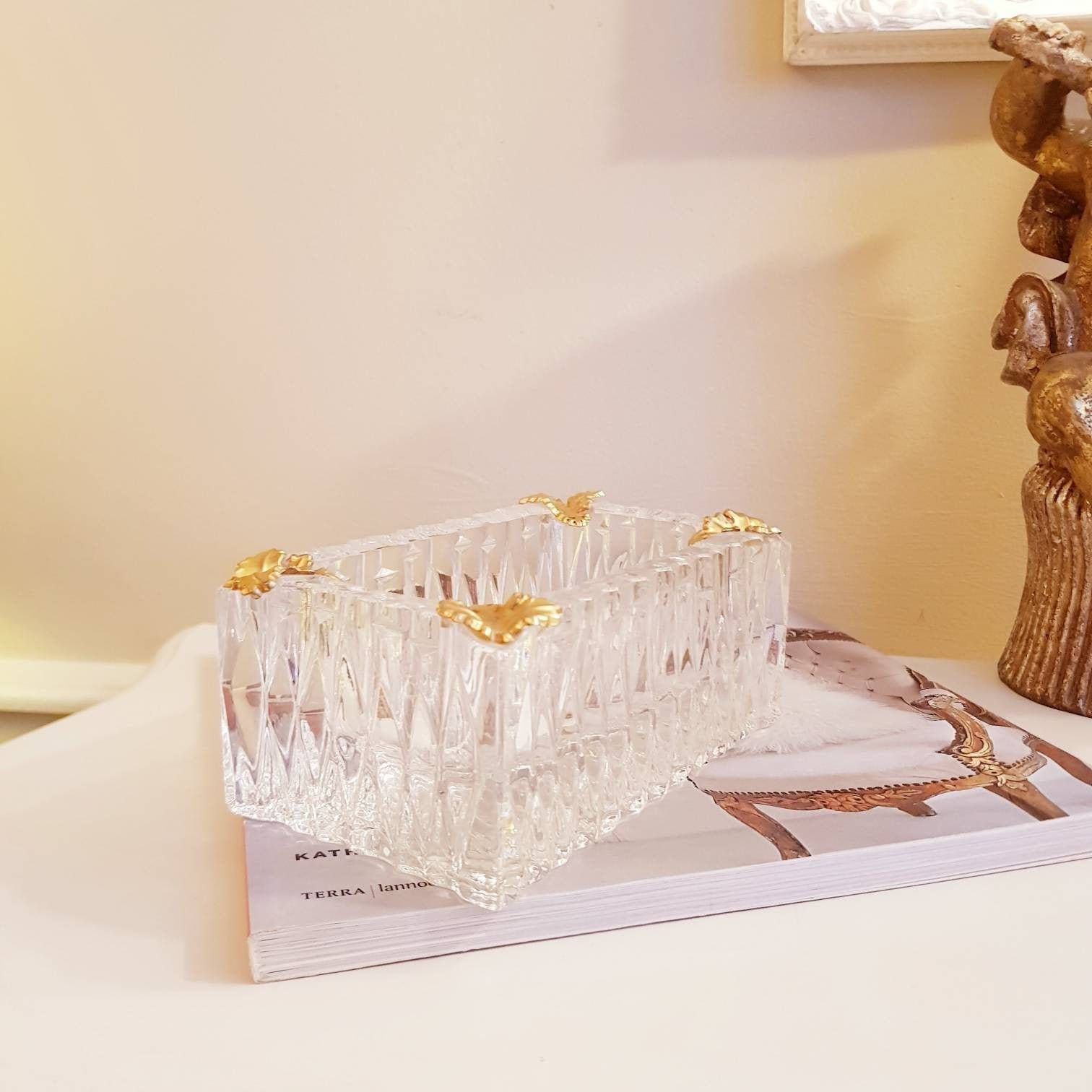 Vintage Ashtray In Crystal Cut And Gold Details, Gift Idea / Play Video photo furniture