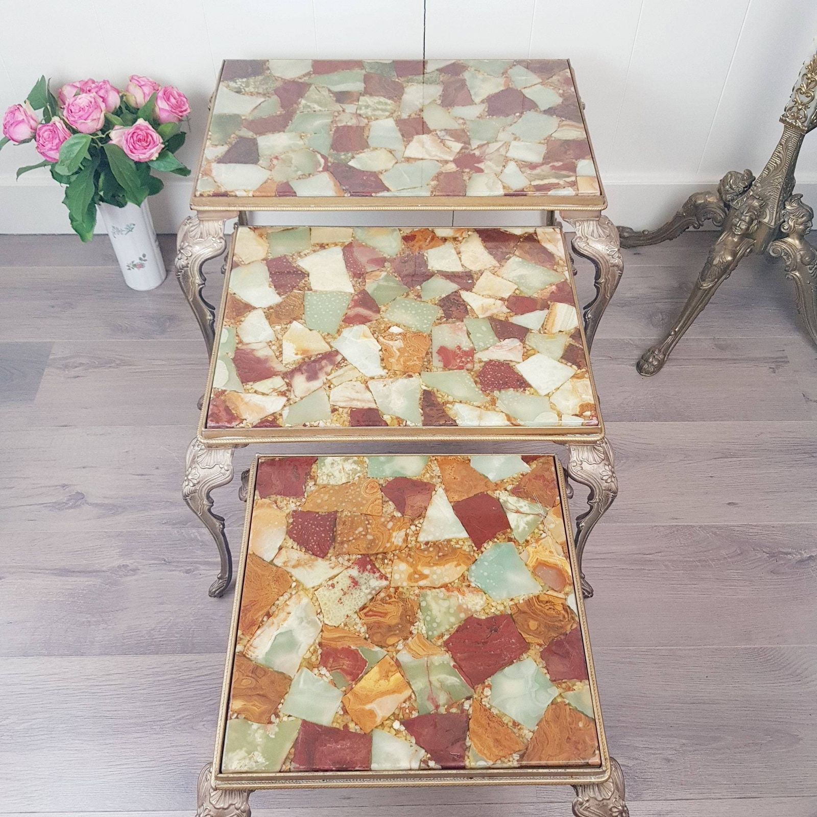 Vintage Set Van 3 Bijzettafels, Italiaans Design, Hollywood Regency Stijl, Woondecoratie, Woonmeubelen photo for sale