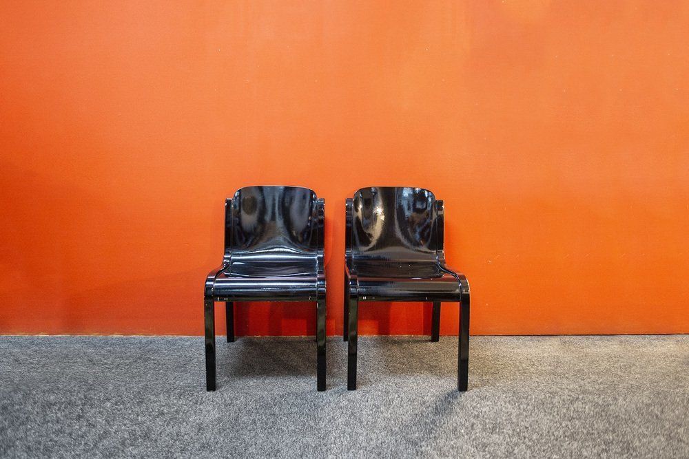 Italian Black Lacquered Wood Chairs, 1970s, Set Of 2