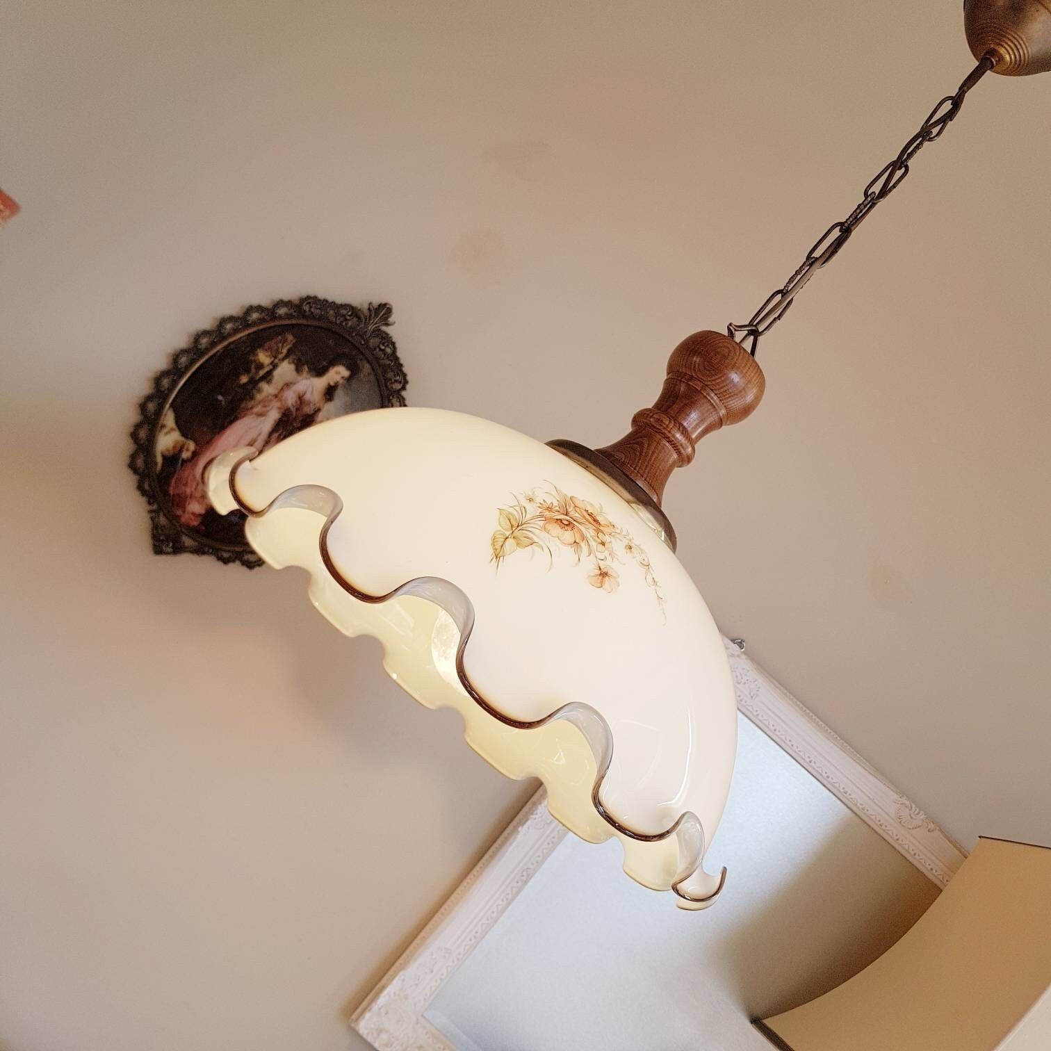 Vintage Italiaanse Grote Hanglamp Uit De Jaren 1960, Hanglamp Met Geschulpte Kap, Landelijke Rustieke Stijl