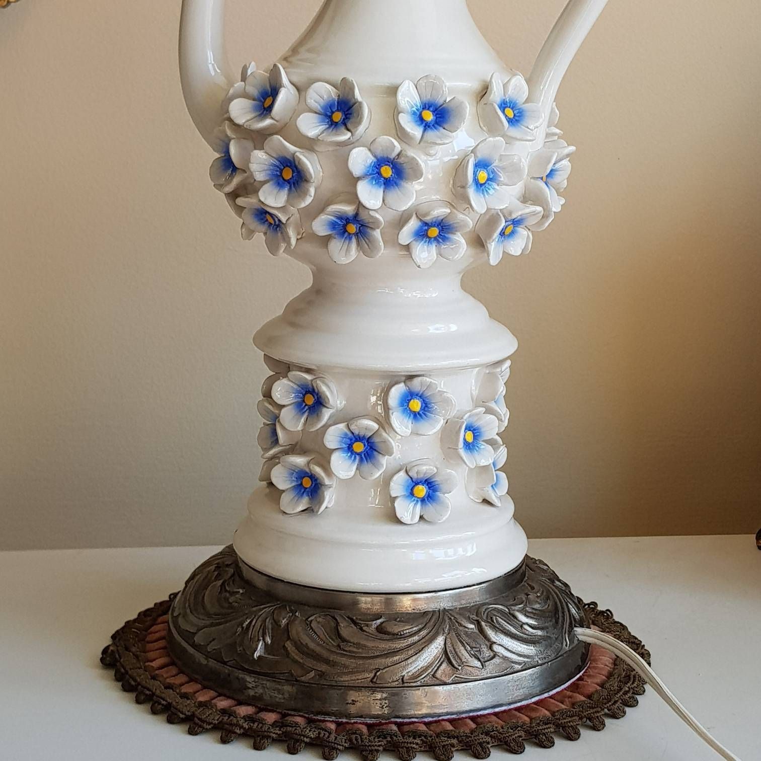 Porcelain Table Lamp With Blue Flowers Motif, Teapot Shape, Great Condition photo buy