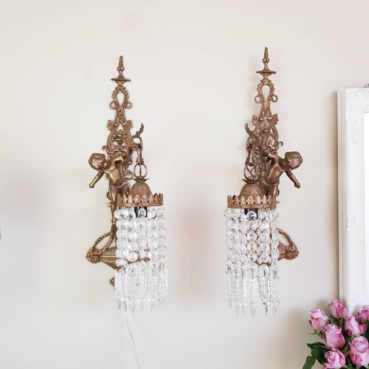 Vintage Pair Of Wall Sconces, Set Of 2 Wall Lamps, Cherubs Wall Sconces, Art Nouveau Style, Home Decor, Home Lighting, Interior Design