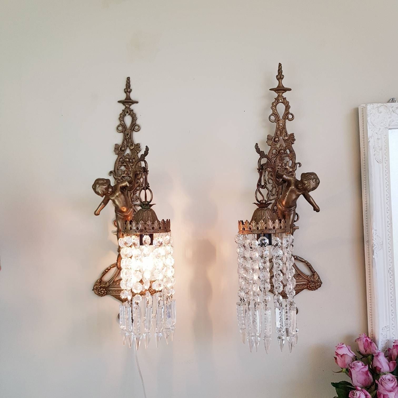 Vintage Pair Of Wall Sconces, Set Of 2 Wall Lamps, Cherubs Wall Sconces, Art Nouveau Style, Home Decor, Home Lighting, Interior Design photo furniture