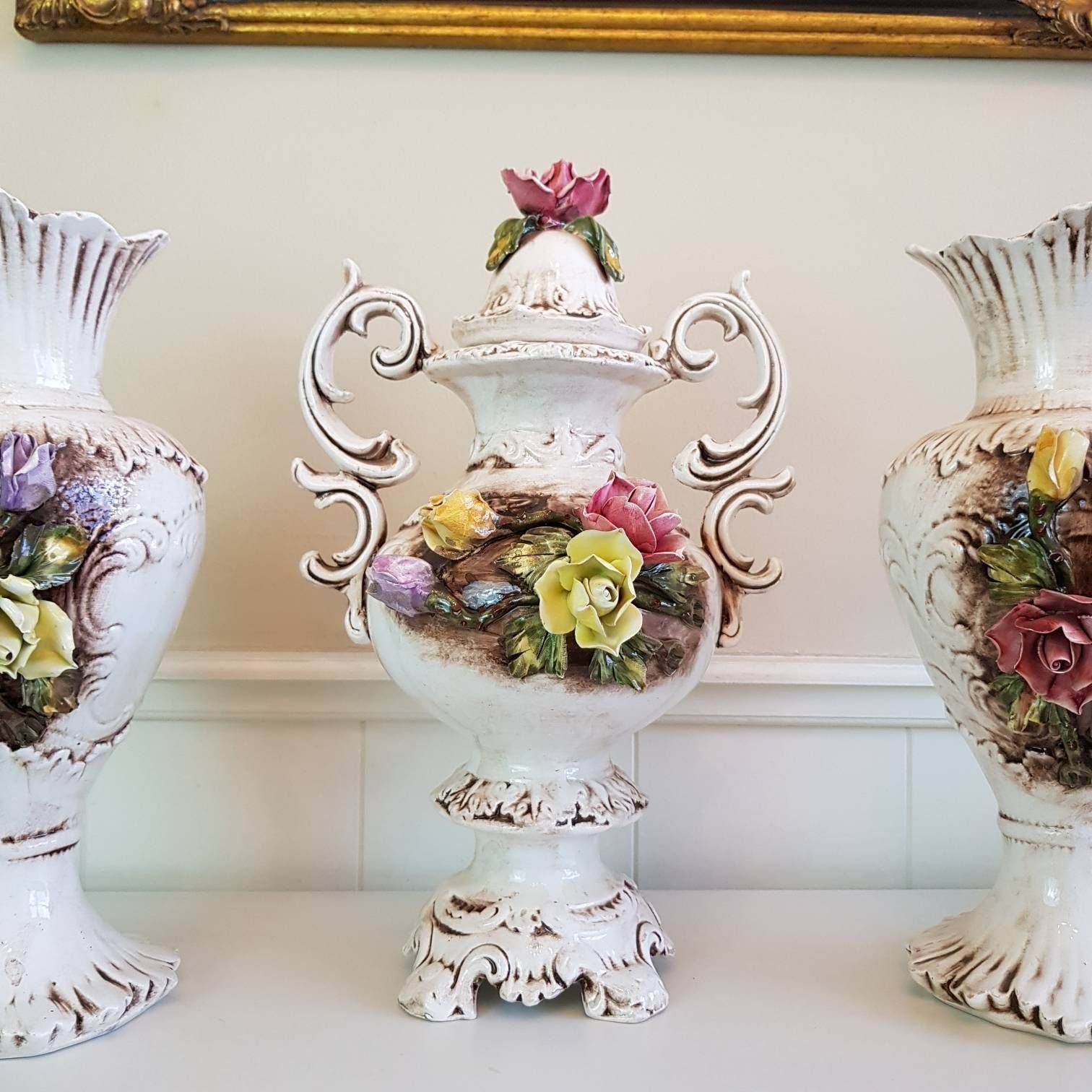 Vintage Trio Vazen – Handgeschilderd In Bassano Stijl – Grote Vazen – Mooi Woondecor – Videopresentatie photo Woonaccessoires