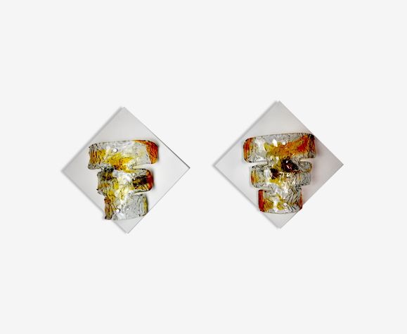 Pair Of Murano Mazzega Sconces Orange Murano Blown Glass Italy 1960