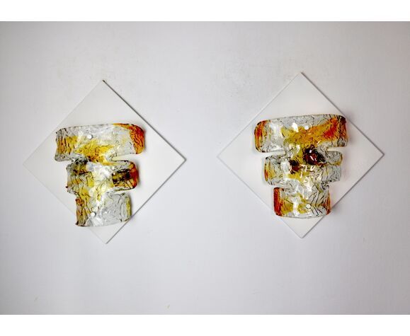 Pair Of Murano Mazzega Sconces Orange Murano Blown Glass Italy 1960 photo furniture