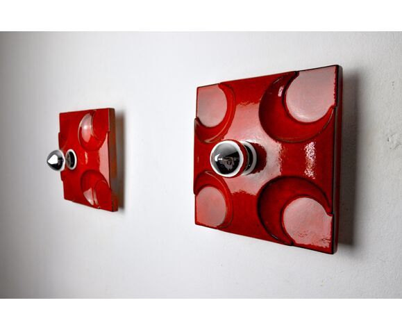 Pair Of Fat Lava Sconces By Hustadt Leuchten Orange Ceramic Germany 1960 photo for sale