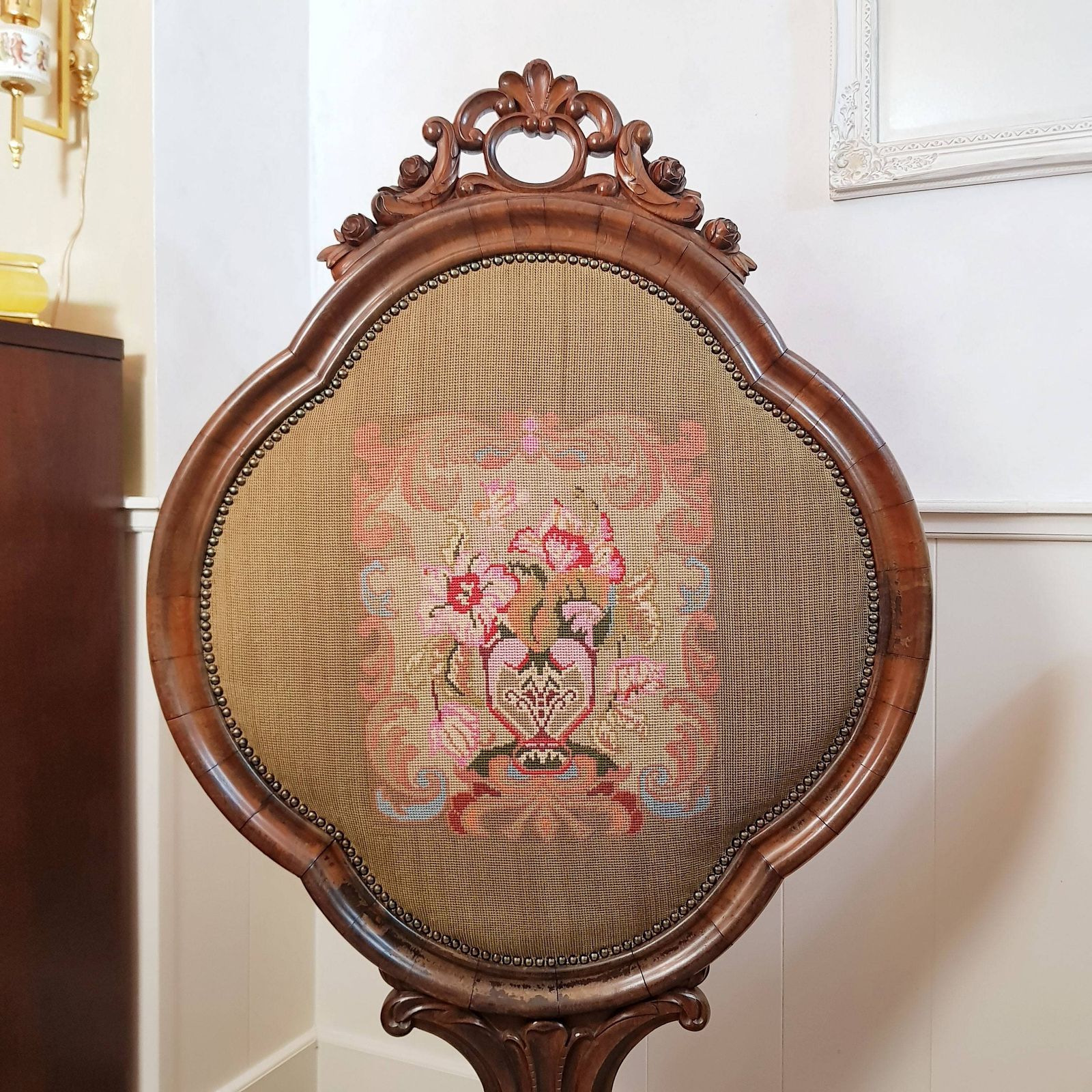 Antique French Tapestry Fire Screen, Victorian Period