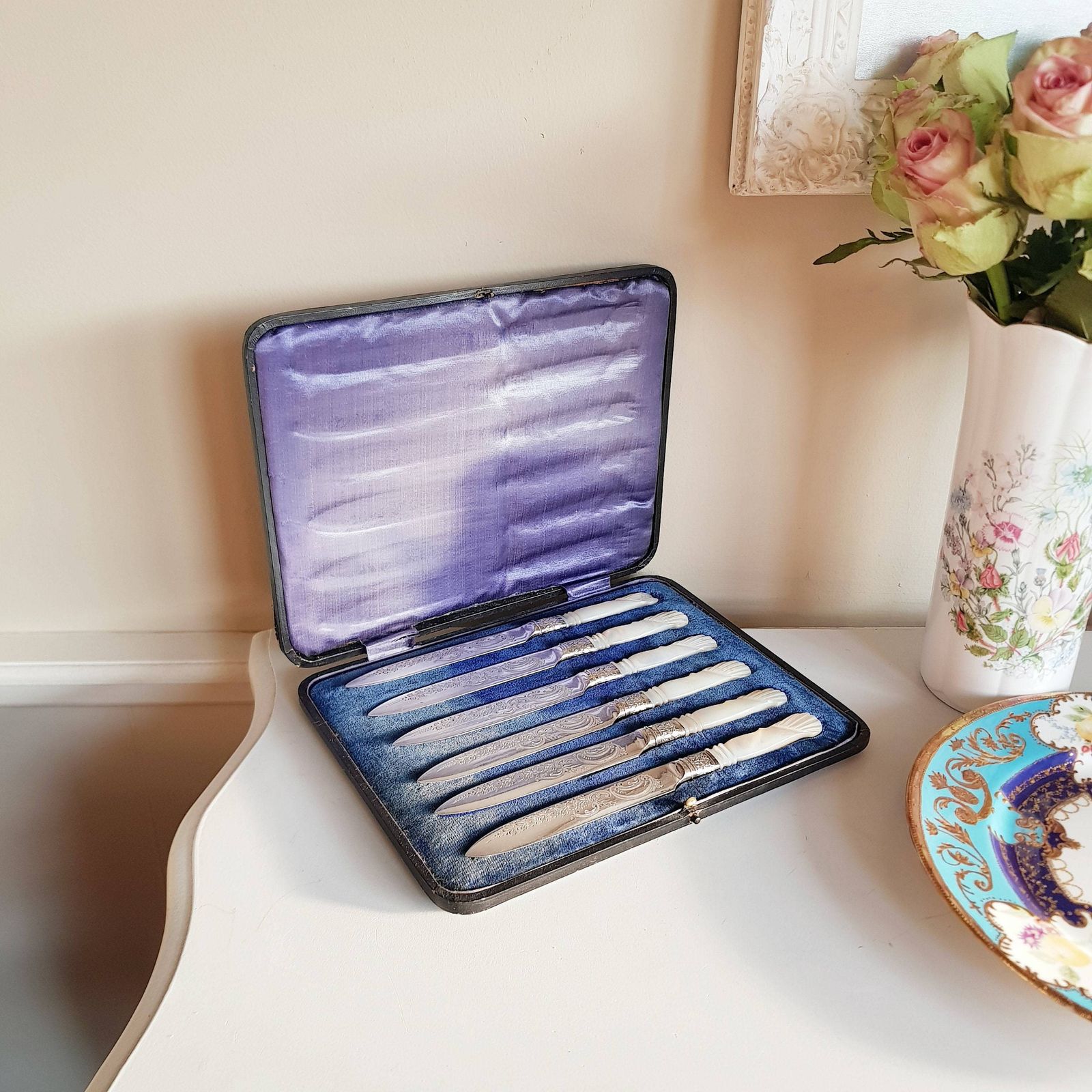 Antiek Parelmoer Epns Art Deco Stijl Set, Visbestek. Mes En Vork Visbestek photo Woonaccessoires