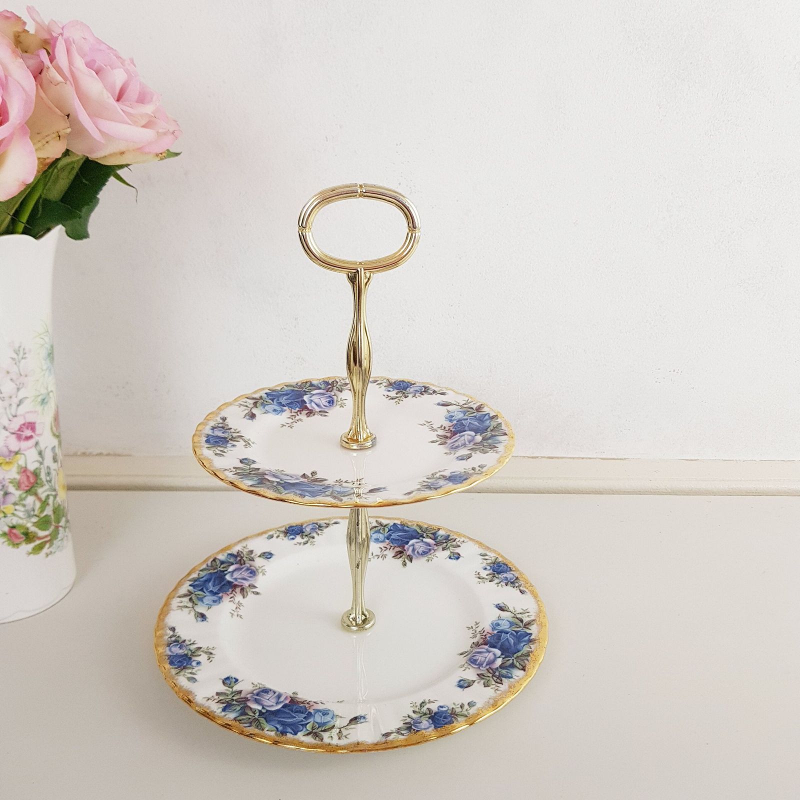 Original 1987 Ltd Royal Albert Moonlight Rose Double Tier With Handle, Cake Stand, Made In England photo for sale
