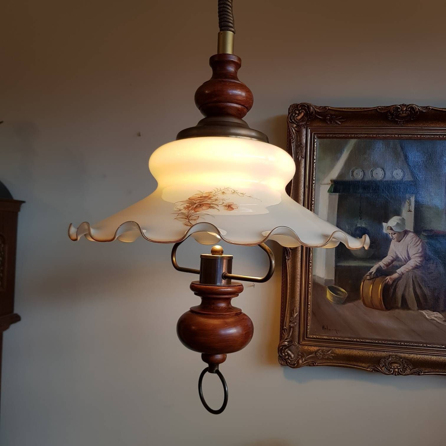Special Pendant Light Lamp, Wood Handle, Opaline Glass, Pendant Light Pull Down Lamp, Hard To Find photo for sale