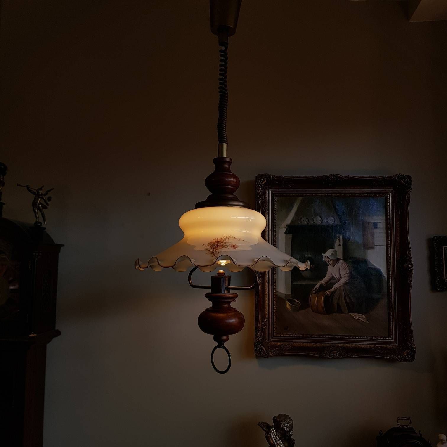 Special Pendant Light Lamp, Wood Handle, Opaline Glass, Pendant Light Pull Down Lamp, Hard To Find photo 529.0