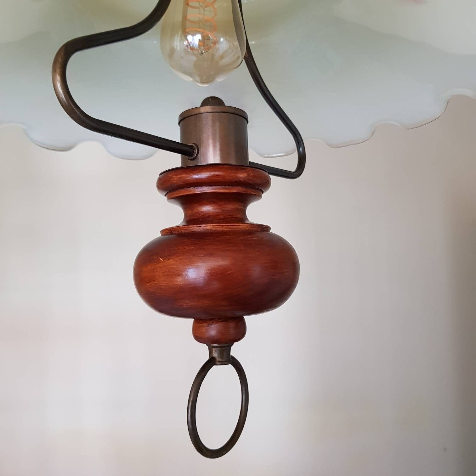 photo for sale Special Pendant Light Lamp, Wood Handle, Opaline Glass, Pendant Light Pull Down Lamp, Hard To Find