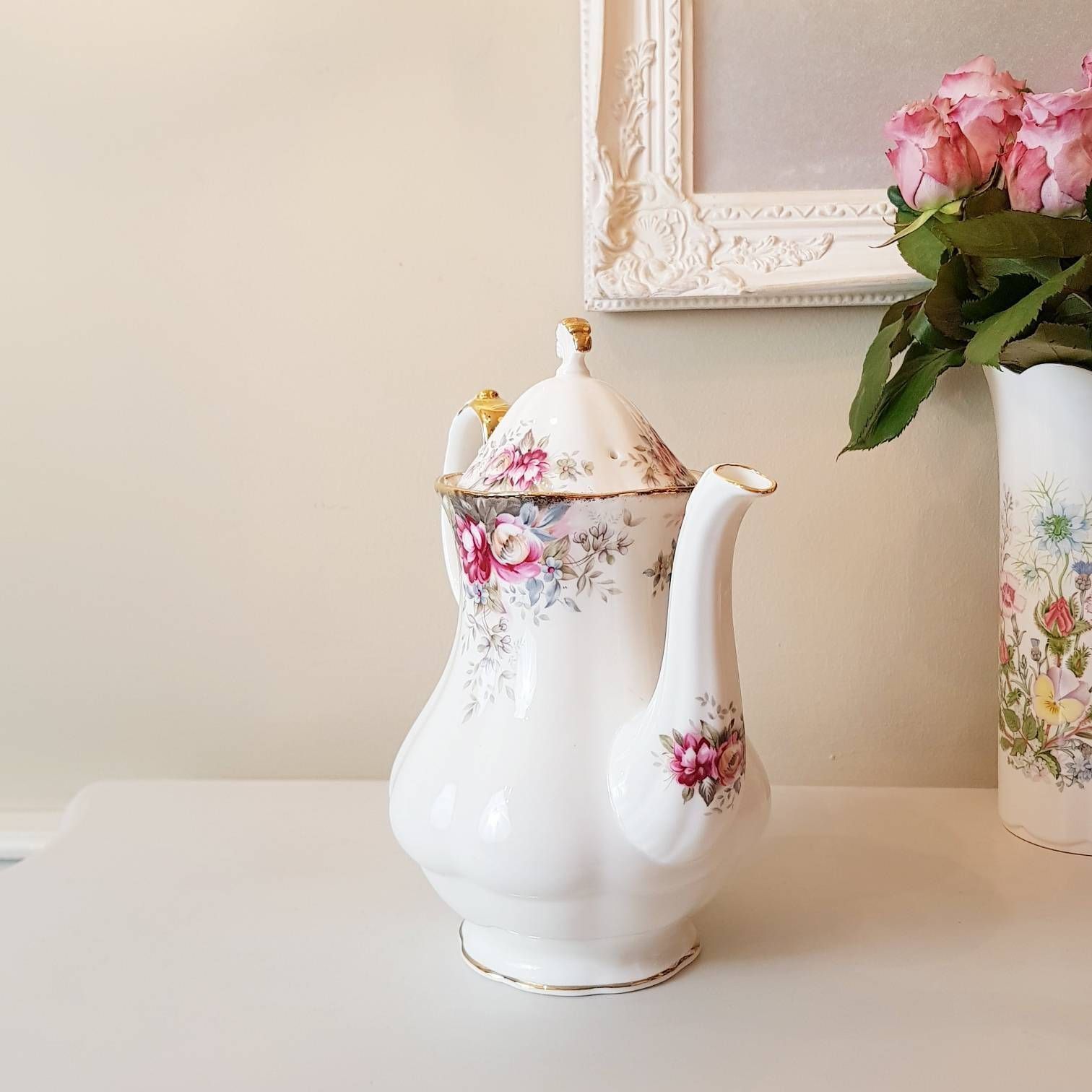 Queen Anne Summer Rose Coffeepot, Fine Bone China, Made In England, Gift Idea photo vinterior