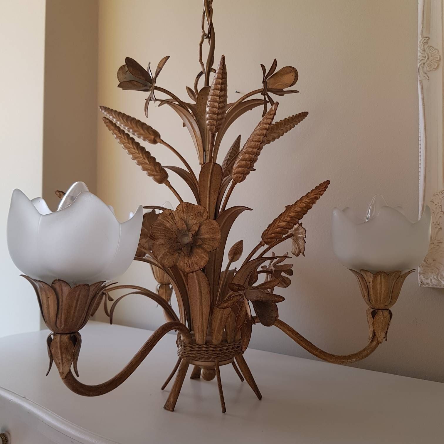 Hollywood Regency Style, Wheat Sheaf Bucket Metal Chandelier, Wheat Ear Ceiling Lustre, Home Decor, Home Lighting, Made In Italy photo Lighting