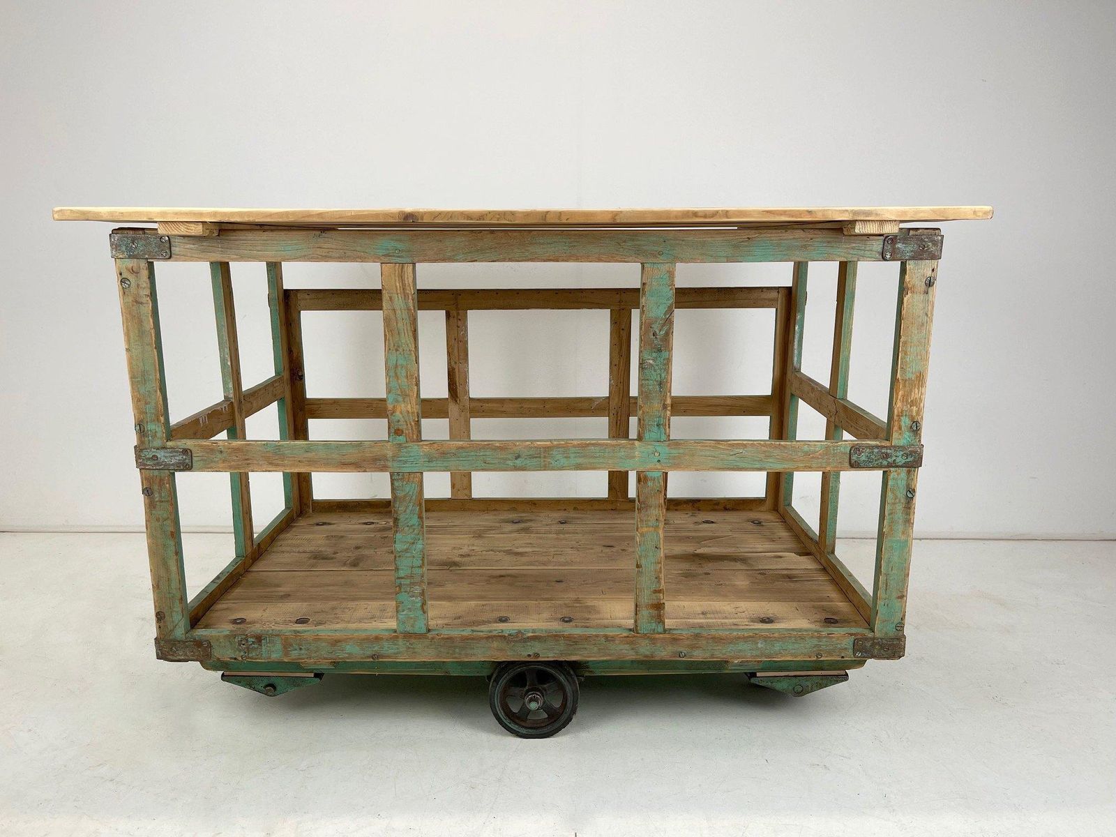 Large Vintage Czech Wooden Cart On Wheels  Kitchen Island