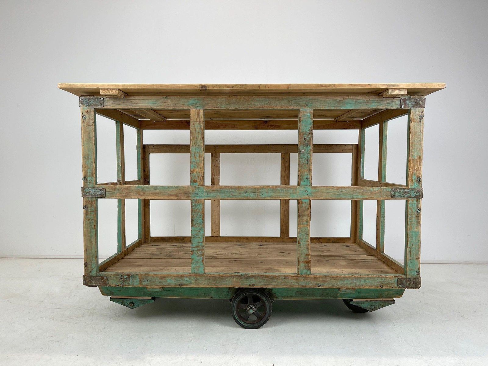 photo furniture Large Vintage Czech Wooden Cart On Wheels  Kitchen Island