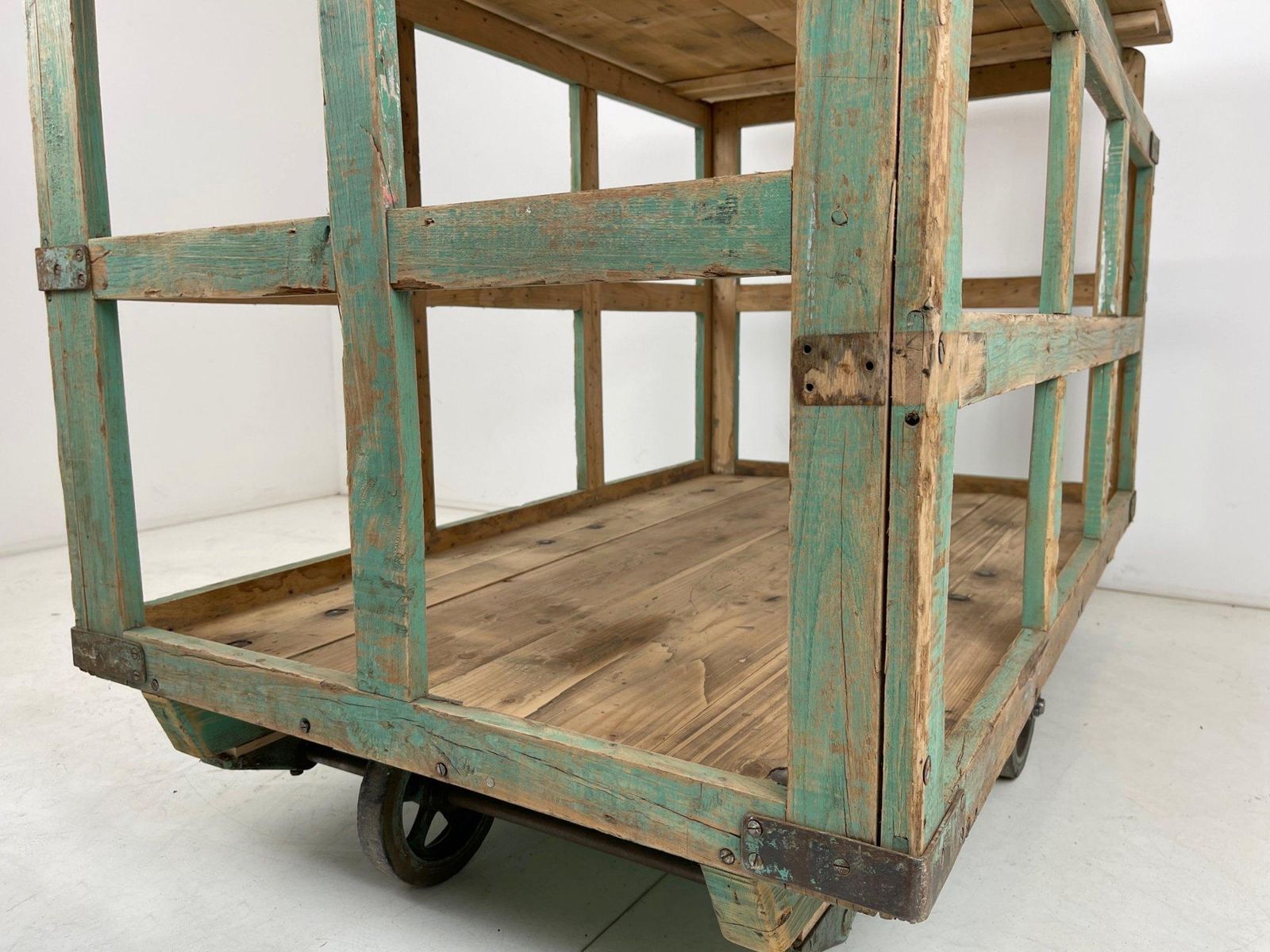 photo vintage Large Vintage Czech Wooden Cart On Wheels  Kitchen Island