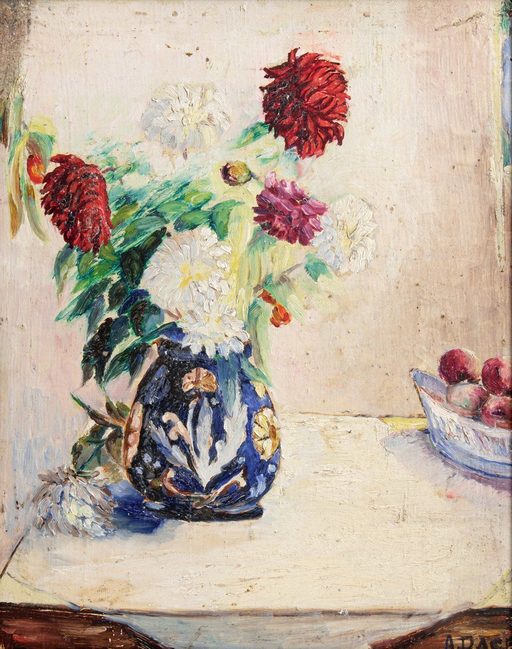 French School, Dahlias In Blue Vase, Oil On Panel, Midcentury