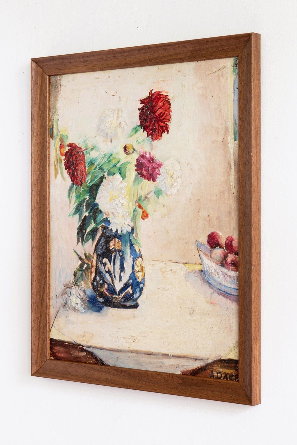 French School, Dahlias In Blue Vase, Oil On Panel, Midcentury photo 450.0