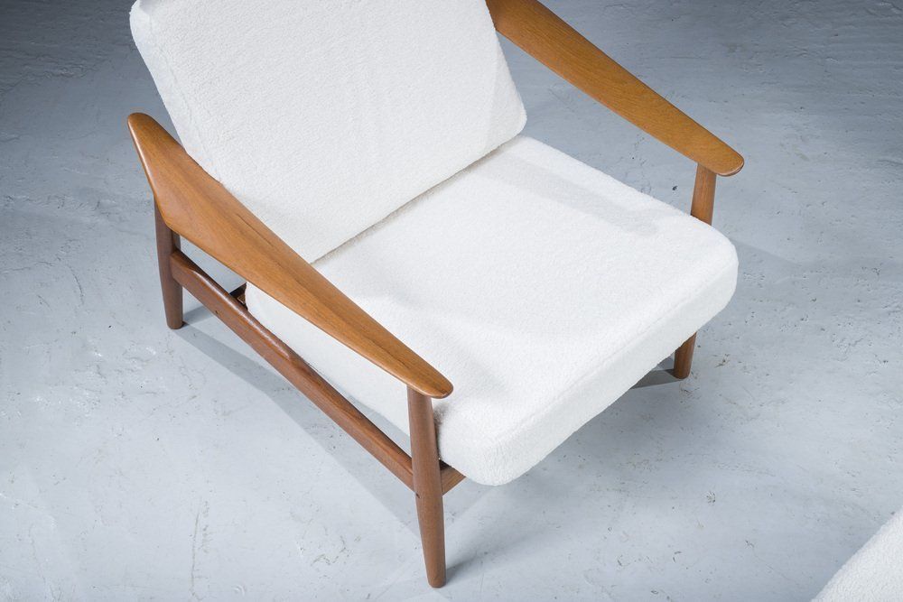 photo for sale Mid Century Danish Teak & Wool Lounge Chairs & Footstools By Arne Vodder For France & Søn, 1960s, Set Of 2