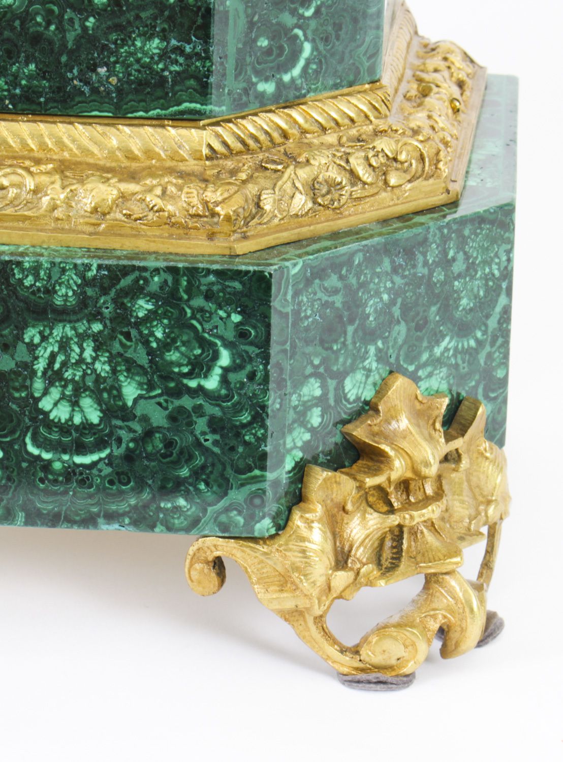 photo furniture Antique Malachite Ormolu & Bronze Mantel Clock Silk Suspension Movement 19th C
