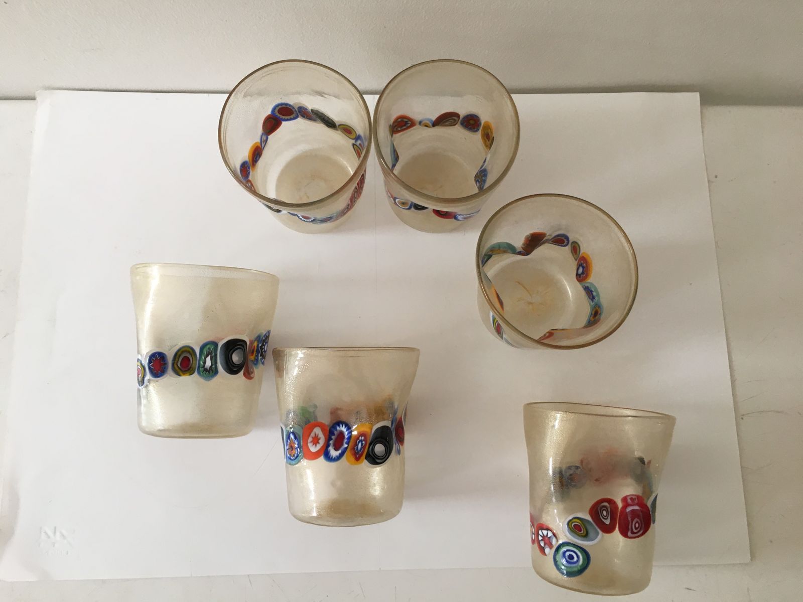 Transparent And Gold Leaf Murano Glasses With Necklace Of Large Floral Murrine Crumpled photo vinterior