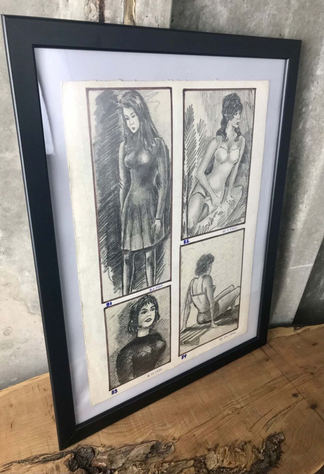 Fashionable Nude Vintage 1960’s Pencil Drawing Eastern European Design Art Work Collectible photo furniture