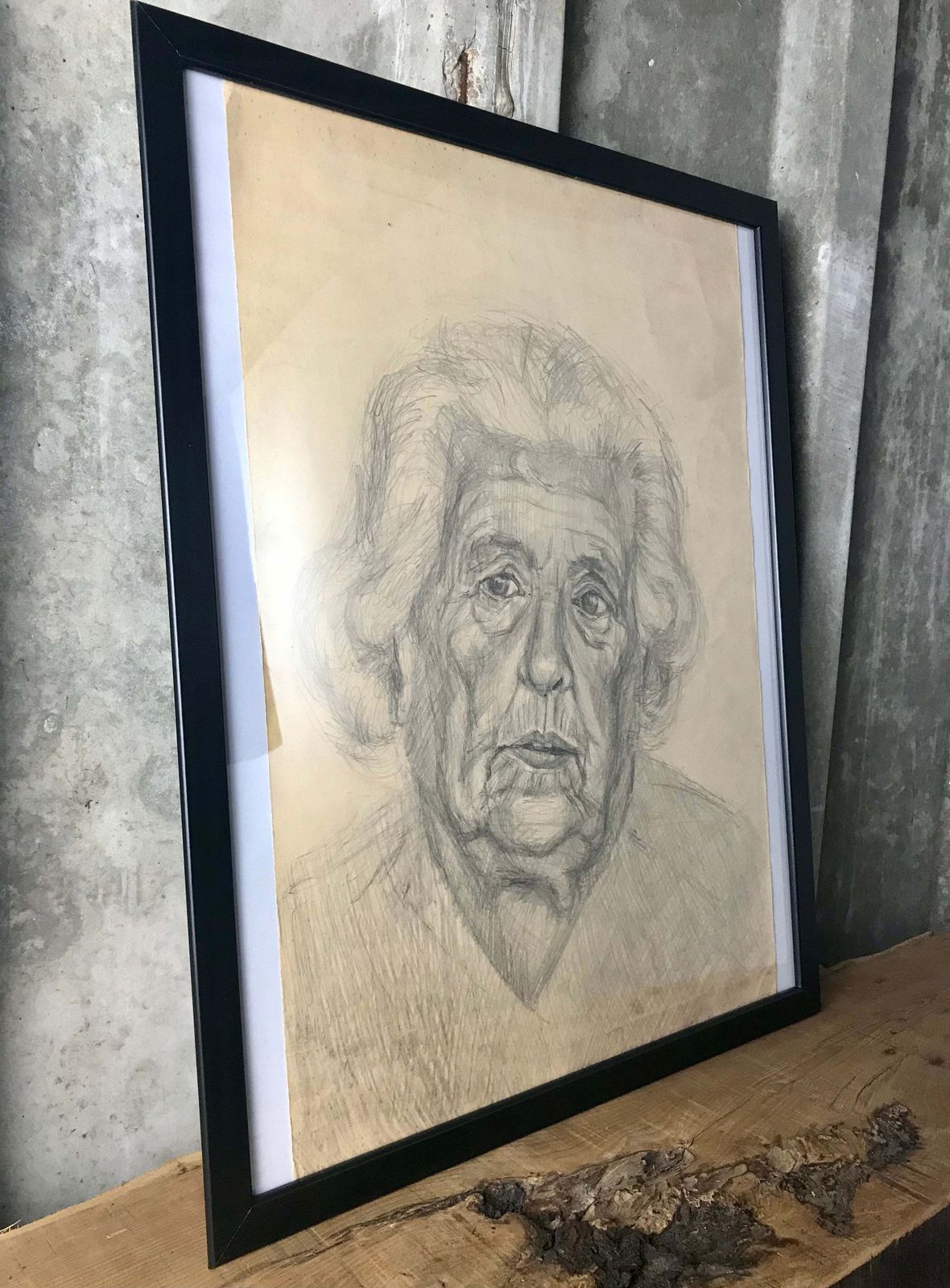 Stylish Original Vintage 1960’s Pencil Drawing Old Lady Portrait Eastern European Design Collectible Piece