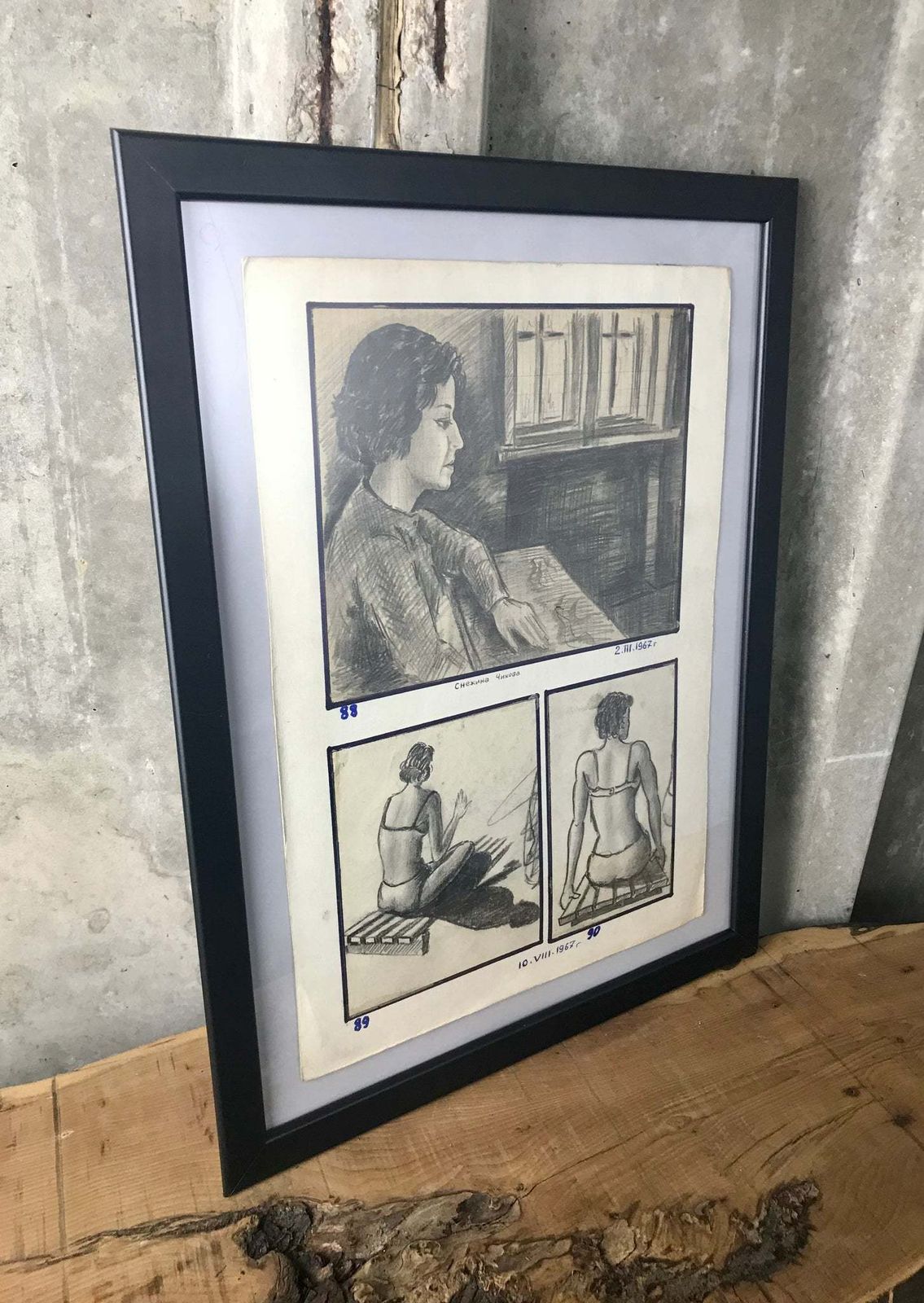 Fashionable Vintage 1960’s Pencil Drawing Portrait Of Lady’s Numbers Listings Stylish Art Work Eastern European Piece