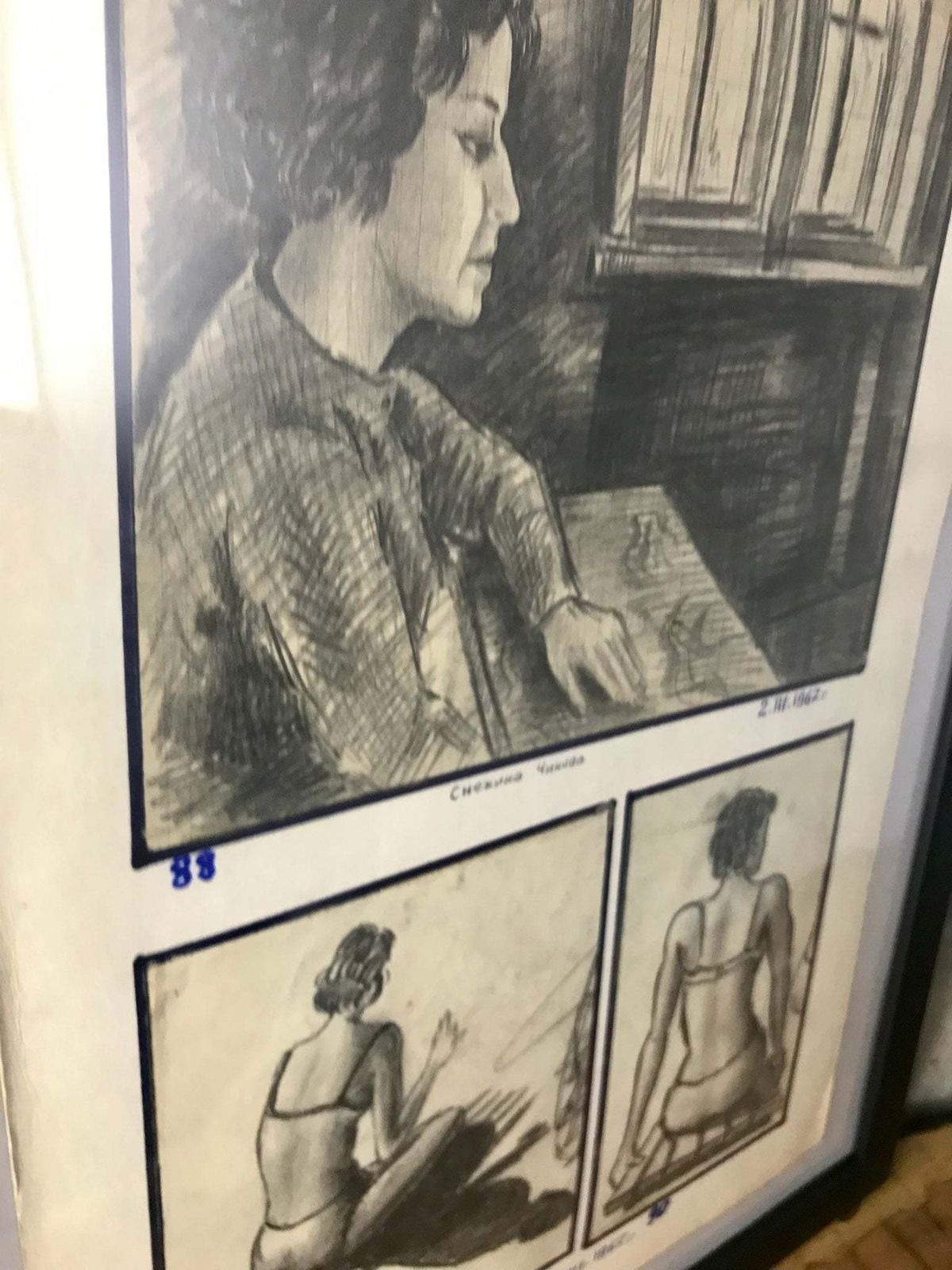 Fashionable Vintage 1960’s Pencil Drawing Portrait Of Lady’s Numbers Listings Stylish Art Work Eastern European Piece photo furniture