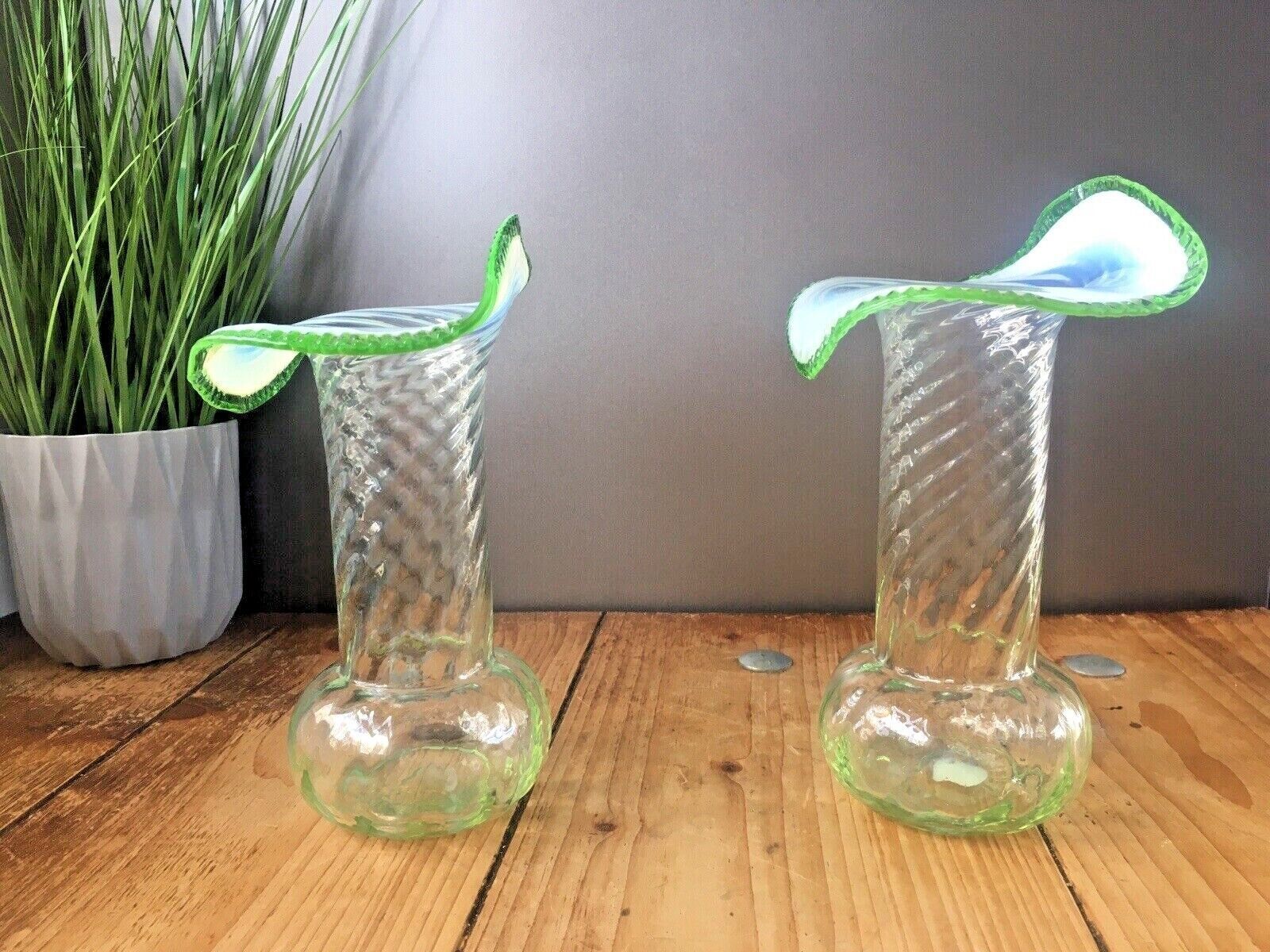 Pair Of Antique Vaseline Glass Uranium Ruffled Jack In The Pulpit Vases Harrach photo vinterior