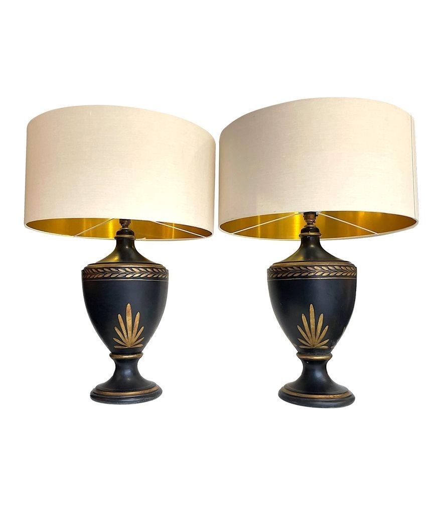 A 1970s Pair Of Large Black Ceramic Gilt Painted Lamps In A Neoclassical Style