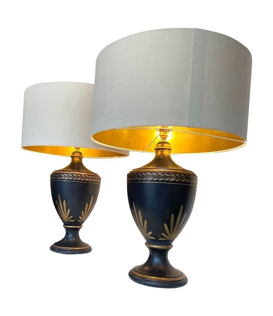 A 1970s Pair Of Large Black Ceramic Gilt Painted Lamps In A Neoclassical Style photo for sale