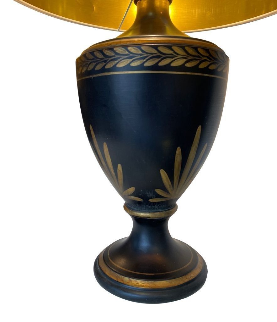 photo for sale A 1970s Pair Of Large Black Ceramic Gilt Painted Lamps In A Neoclassical Style