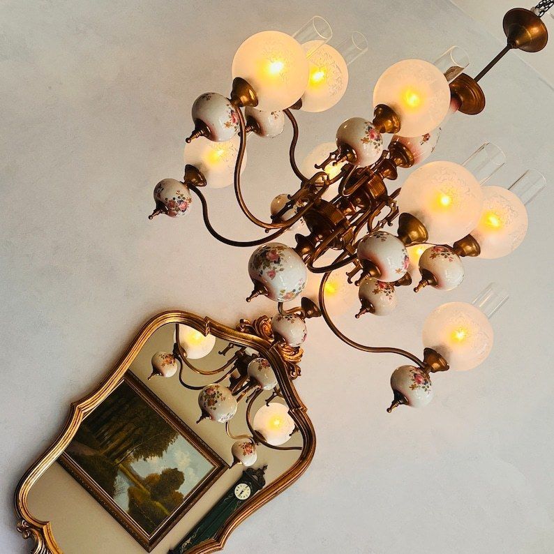 Vintage Huge Chandelier With 10 Lights Made Of Porcelain With Frosted Glass Globes photo furniture