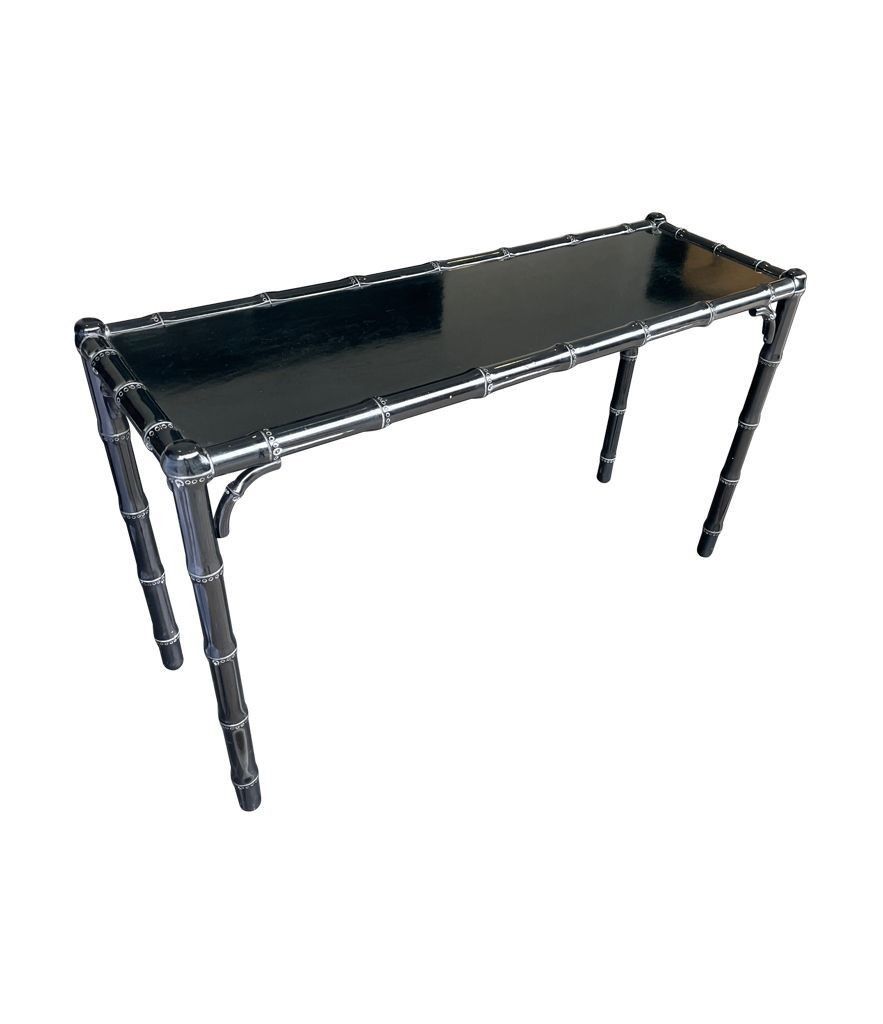 A 1970s Chinoiserie Black Lacquered Faux Bamboo Wooden Console