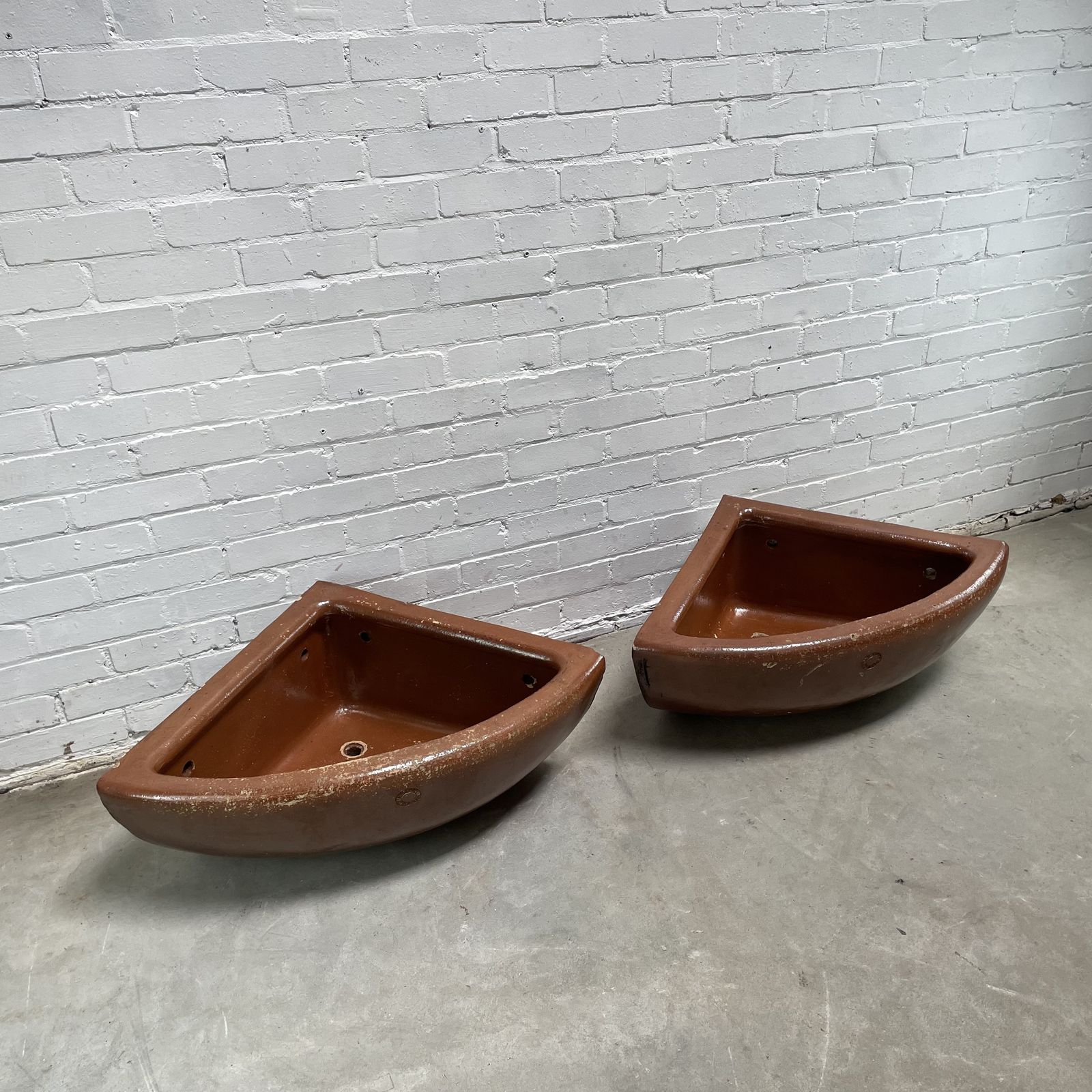 Pair Of Reclaimed Quarter Round Salt Glazed Corner Troughs photo vintage