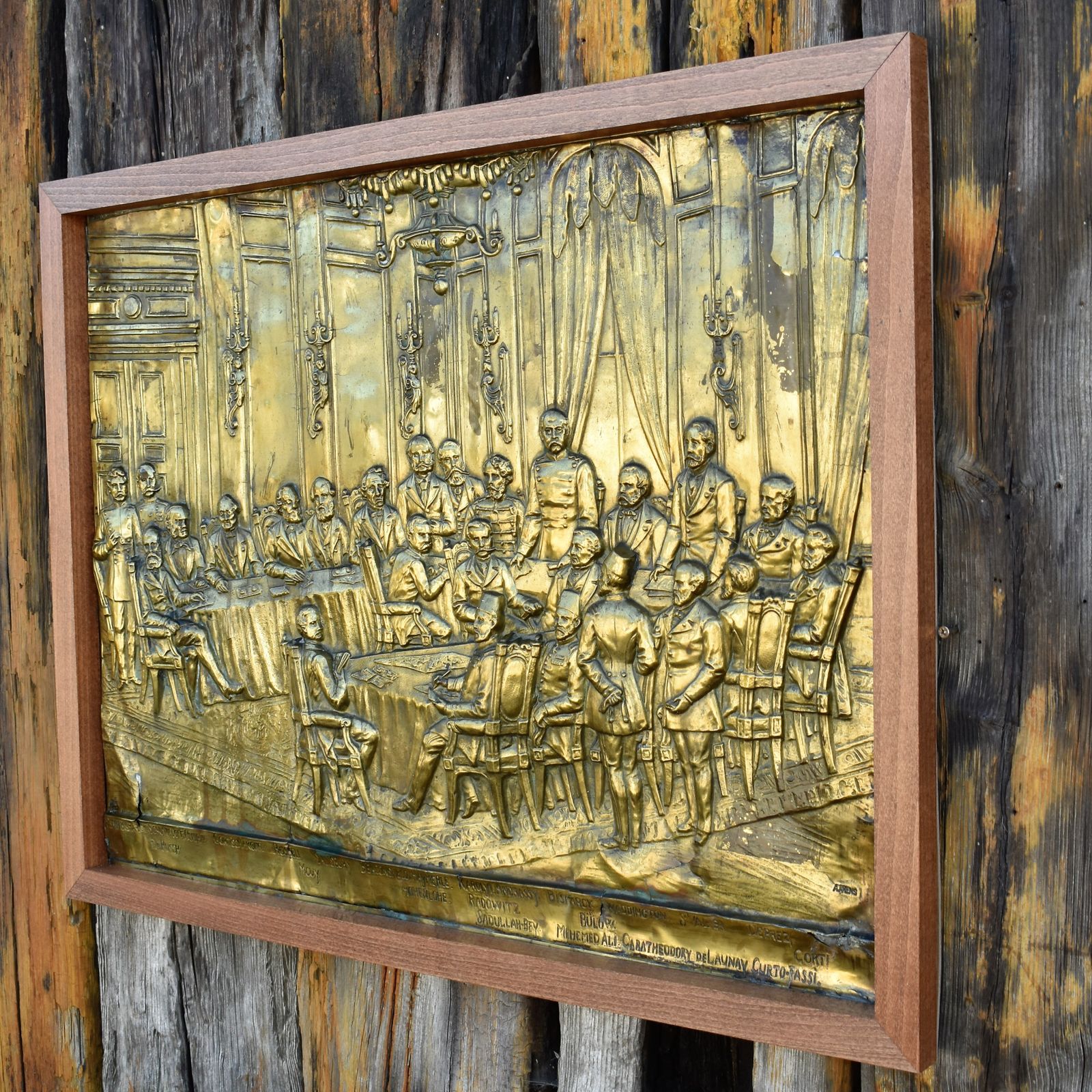 495.0 Antique 1884 Brass Repousse Plaque Art Arnold Anvers Antwerp Berlin Conference photo