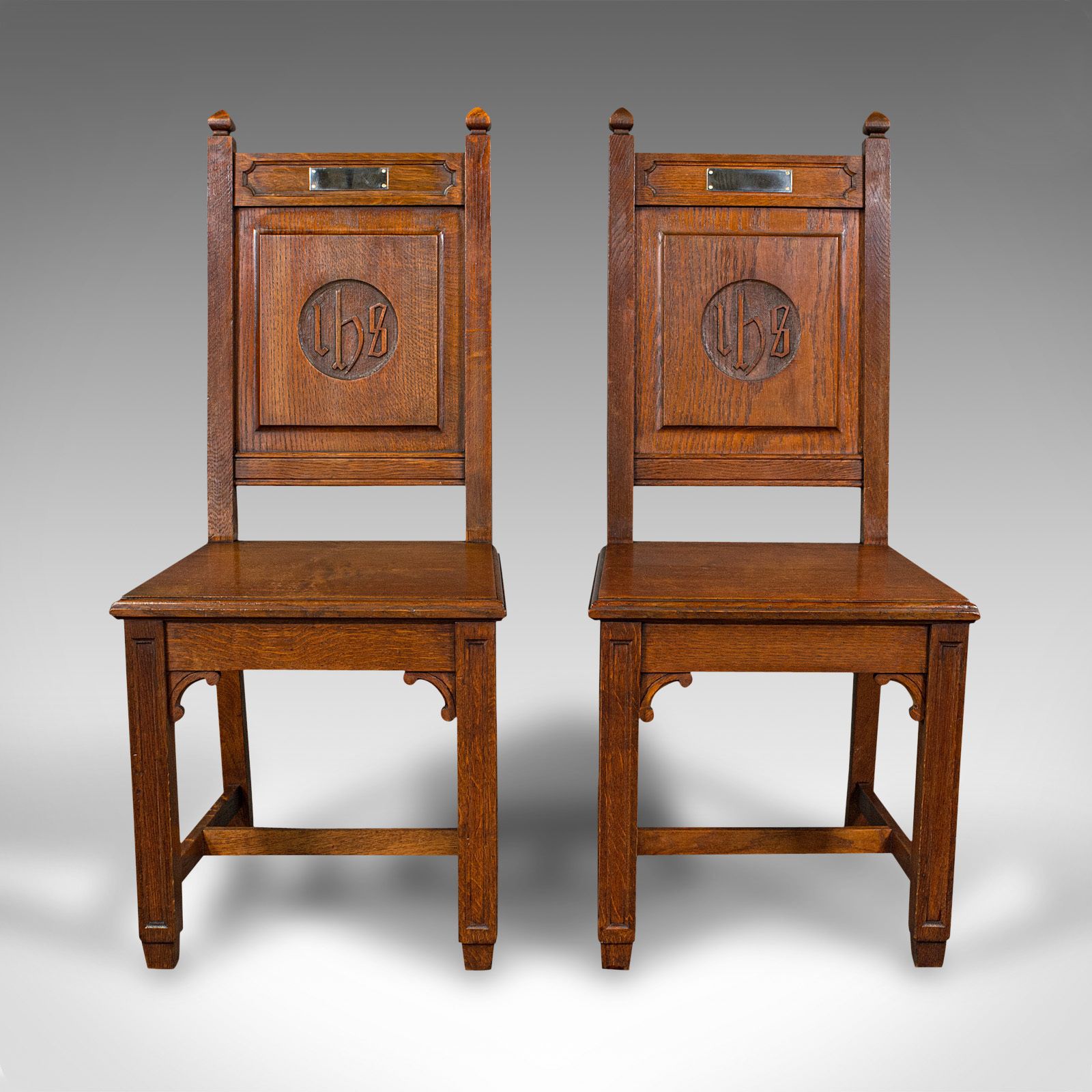 photo for sale Pair Of Antique Hall Chairs, English Oak, Dining Seat, Ecclesiastical