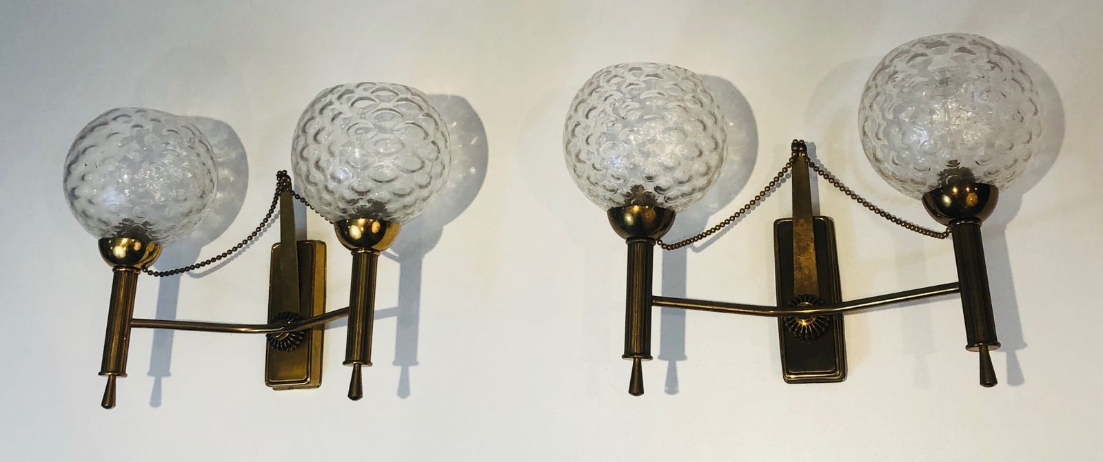Pair Of Brass And Glass Ball Sconces. Around 1970 photo furniture