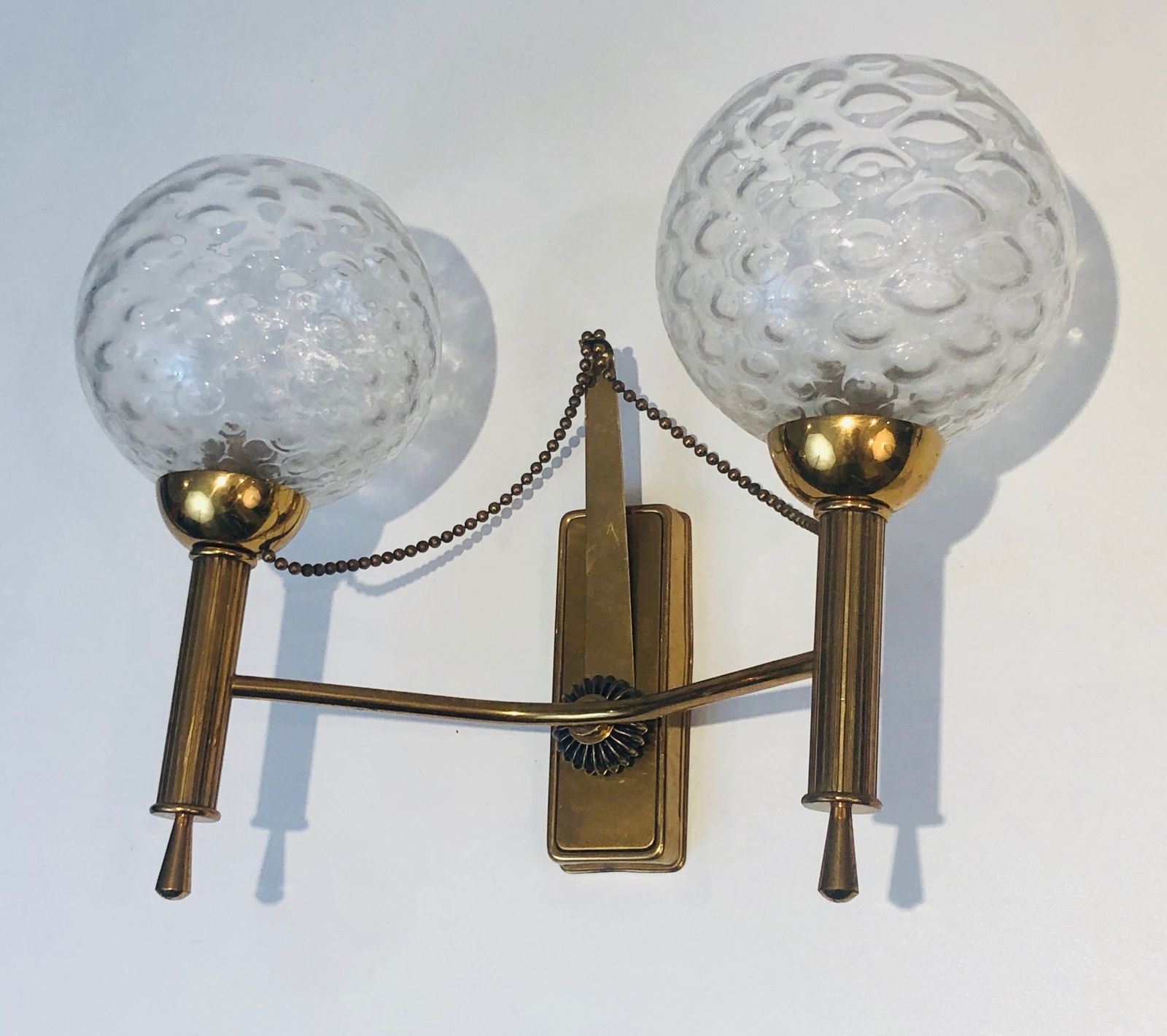 Pair Of Brass And Glass Ball Sconces. Around 1970 photo Lighting