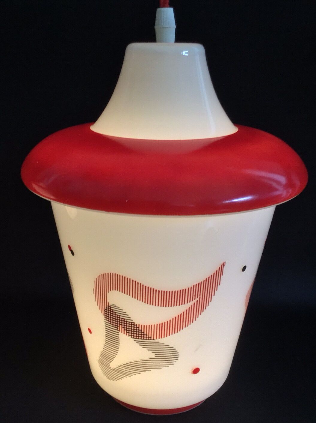 Pair Vintage 1950s Red & White Glass Lantern Pendant Lamps photo 375.0