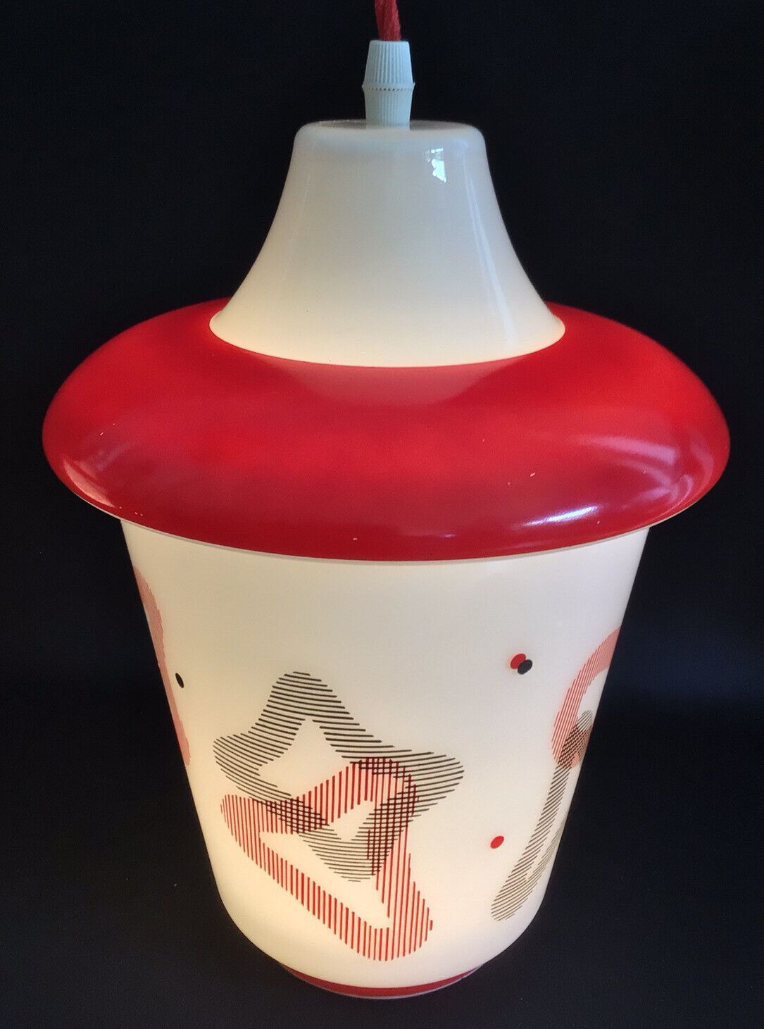 Pair Vintage 1950s Red & White Glass Lantern Pendant Lamps photo vinterior